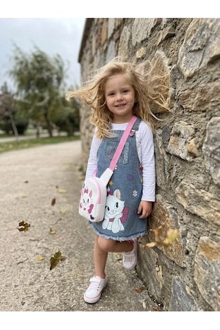 Nota Kids Kız Çocuk Kedi Baskılı Kot Jile Elbise Çantalı Denim Askılı Günlük Elbise 3-8yaş Mavi