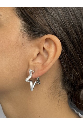 Taşlı Gümüş Renkli Yıldız Küpe Çok Renkli