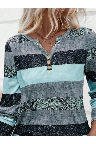 Tua Moda Kadın Uzun Kollu Yakadan Düğmeli Çizgili Desenli Süprem Bluz Mavi