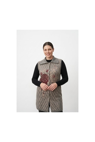 Onno Style Women Ekose Gül Pike Desenli Çelik Örgü Kadın Triko Yelek Kaban Gri