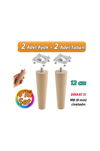 Ahşap Ayak 12 Cm 4'lü Set M8 Civatalı Bağlantı Aparatlı Dolap Mobilya Koltuk Kanepe Destek Ayağı Ayakları Ahşap