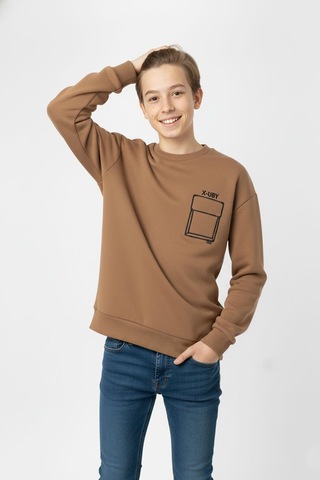 Baskı Detaylı Bisiklet Yaka Erkek Çocuk Sweatshirt-90912 Kahverengi
