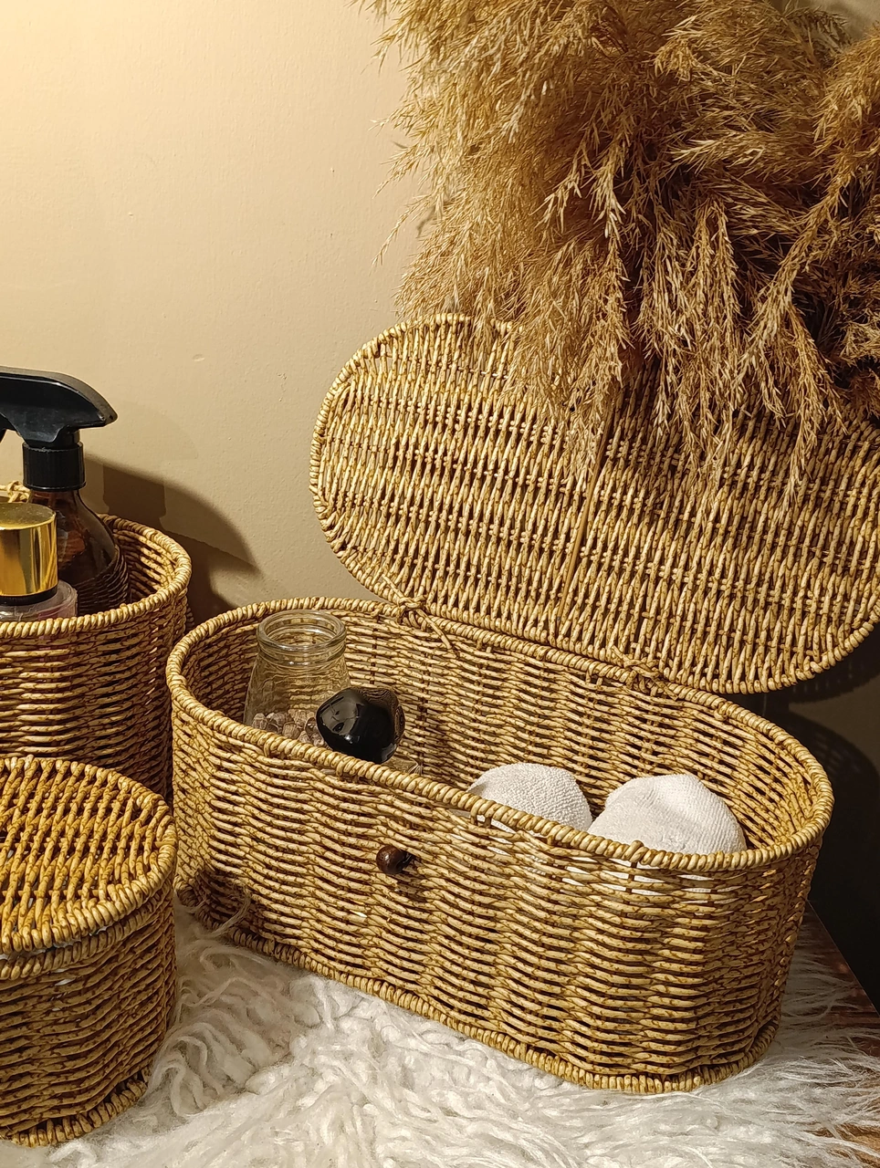 3'lü Rattan Oval Kapaklı Düğmeli Kutu / Organizer / Düzenleyici Diğer