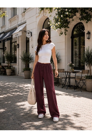 Esra Butik78 Yazlık Pantolon Mürdüm & Haki Renk Rahat Kalıp Kadın Pantolon