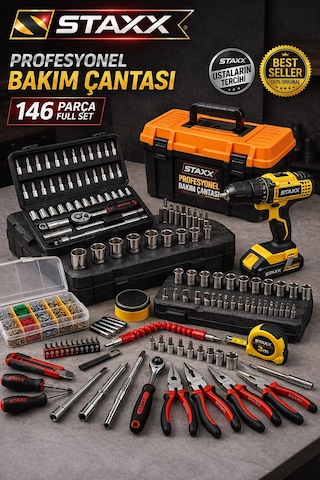 Staxx Stx146set 146parça Bakım Çantası Seti Akülü Matkaplı Lokma Tornavida Pense Full Usta Takım Set