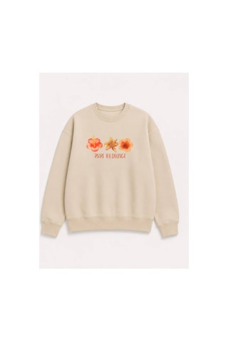 Herkesemoda Turuncu Çiçekler Baskılı 2 İplik Şardonlu Bisiklet Yaka Sweatshirt Bej