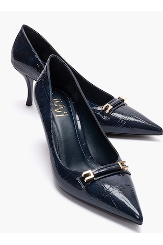 Luvishoes Poesy Lacivert Baskı Tokalı Kadın Topuklu Ayakkabı