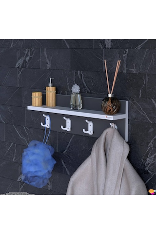 Modilayn Kedi Serisi 4 Lü Banyo Askısı Seti 56,4x18 Cm 12 Kancalı Raflı Düzenleyici Yer Tasarrufu. Beyaz