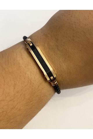 Erkek Rose Renk Detay Örgü Model Deri Bileklik Rose Gold