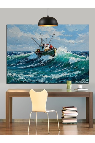 Fırtınalı Denizde Sallanan Tekne Dekoratif Kanvas - Mdf Ahşap Tablo