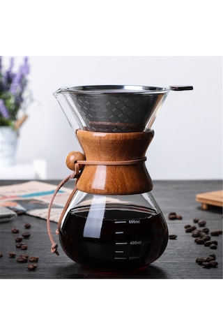 Ranyeek 600ml Cam Filtre Kahve Döküm Potu, Paslanmaz Çelik Filtre, Ahşap Kollü, Kağıt Gereksiz, Isıya Dayanıklı, Ev Ve Ofis İçin Diğer