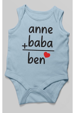 Anne Baba Ve Ben Baskılı Bebek Zıbını Çıtçıtlı Body %100 Pamuk Sıfır Kol Bebe Mavisi