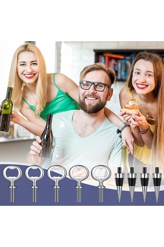 Moly 10 Adet Şarap Tıpası Ve 5 Adet Şişe Açacağı Seti Gümüş Metal Gümüş