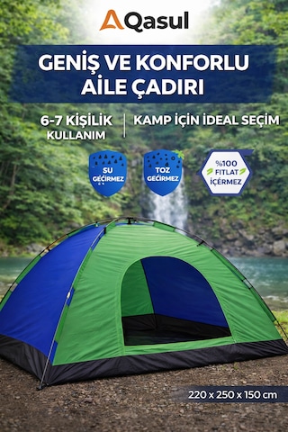 6-7 Kişilik Kamp Çadırı Su Geçirmez Geniş Aile Çadırı 220x250x150 Cm Manuel Çok Renkli