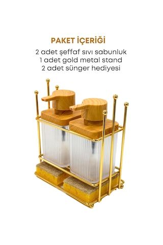 Grimorlife Ahşap Desenli Altın Gold Metal Standlı Bulaşık Deterjanı Sıvı Sabunluk Mutfak Seti-sünger Altın