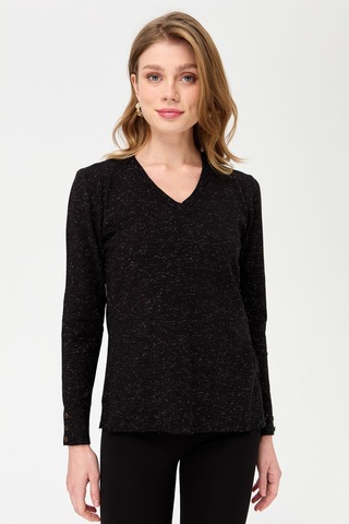 Kadın V Yaka Kolları Düğmeli Simli Bluz Siyah Siyah