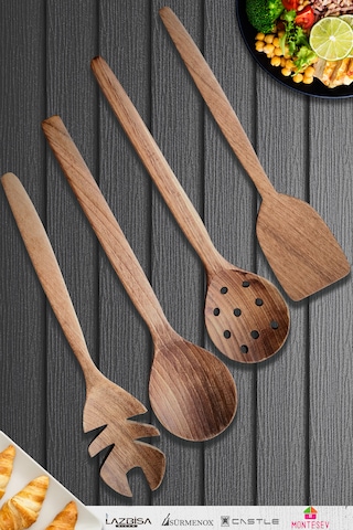 Doğal Ceviz Ağacı Ahşap Tahta Kaşık Seti Ağaç Kaşık 4lü Set 12 Ahşap