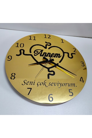 Anneler İçin Gold Aynalı Duvar Saati Seni Çok Seviyorum Annem Yazılı Hediye Altın