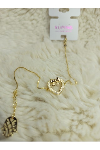 Beren Xuping Zirkon Taşlı Fatma'nın Eli Uçlu Kalp Çelik Bileklik Gold 17+5 Cm