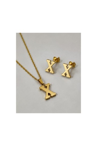 Lunarie X Harfi 14k Gold Çelik Harf Kolye Küpe Takı Seti Altın