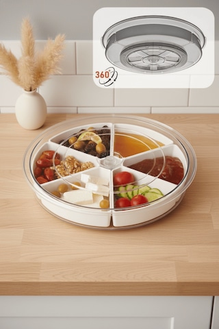 360 Derece Döner Kapaklı 6 Bölmeli Beyaz Kahvaltı Sunum Saklama Tabağı Kabı Mıt1289 Şeffaf