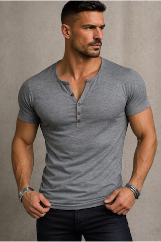 Özel Üretim Henley Yaka Düğmeli Açık Geniş Yaka Tişört T-shirt Füme