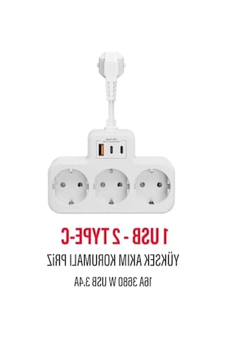Çoklu Kablolu Priz Dönüştürücü, 1 Usb Ve 2 Type-c Girişli Yüksek Akım Koruması 0