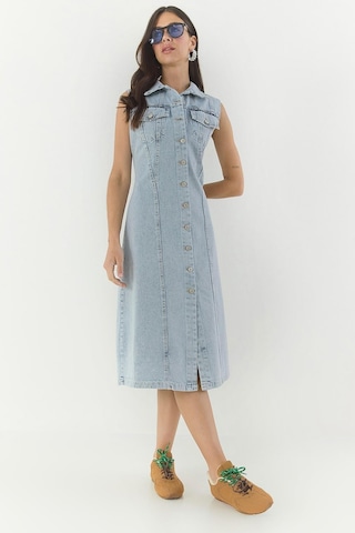 Shade Kadın Belden Oturan Cepleri Kapaklı Sıfır Kollu Düğmeli Denim Elbise 3575 60283288 - Buz Mavisi