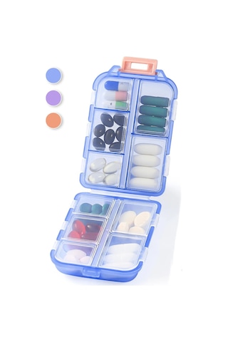 Symbee Mavi Gezi İlaç Kutusu 10 Bölmeli, Portatif Vitamin Ve Tablet Depolama Kabı, Kolay İlaç Takibi İçin Mavi