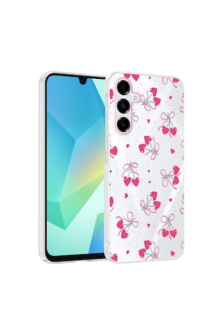 Samsung Galaxy Uyumlu A14 Kılıf Kamera Korumalı Desenli Zore Klip Kapak - Kalpli Kiraz -