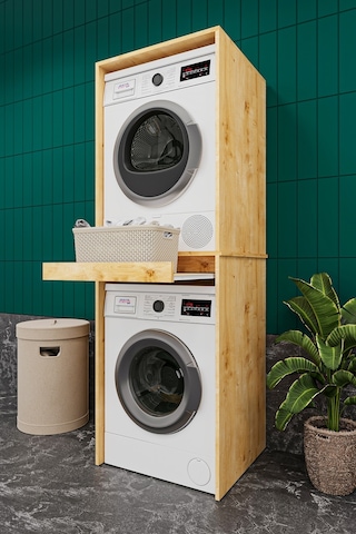Asra Trend Çamaşır ve Kurutma Makinesi Dolabı BD05 %100 MDF Çekmeceli Raf Safir & Meşe Desen