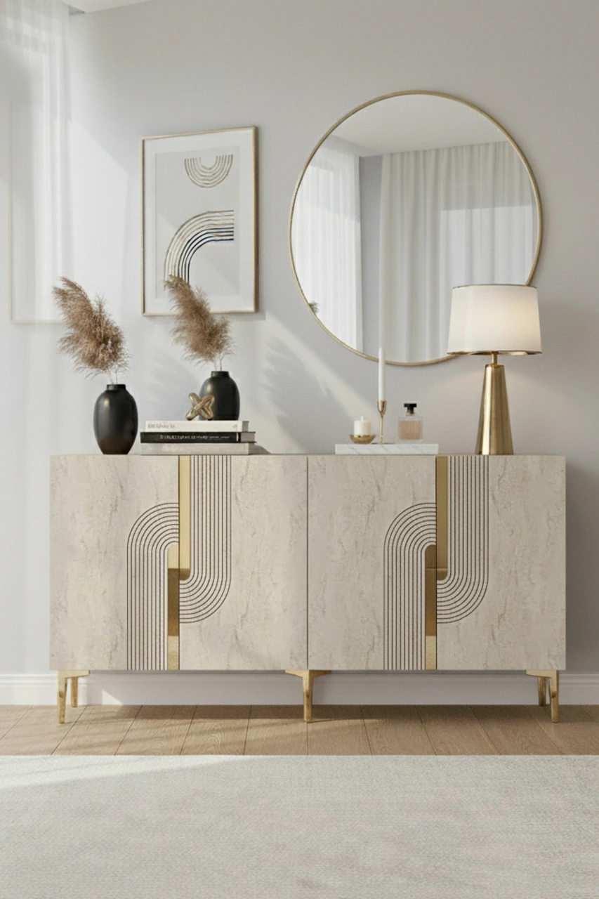 Ka1516btg Meyra150 Konsol, Kahve Köşesi, Tv Sehpası Beyaz-traverten Kapak-gold 150cm Çok Renkli