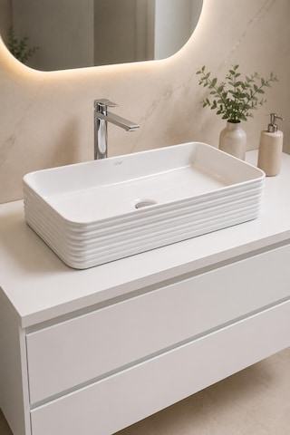 Lena E-2106 Tezgah Üstü Porselen Lavabo Dikdörtgen Beyaz Set Üstü Lavabo