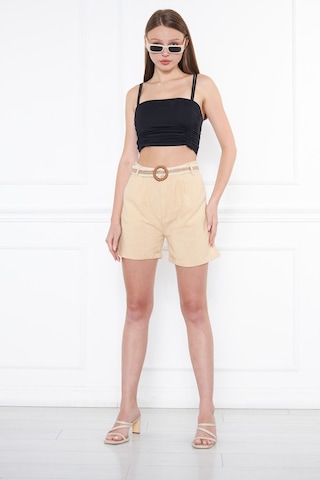 Hgfashion Taş Rengi Keten Kemerli Şort Taş