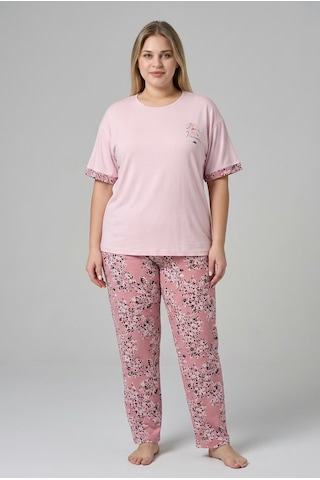 Lukitus Büyük Beden Kısa Kollu Milan Kumaş Kadın Pijama Takımı Açık Pembe