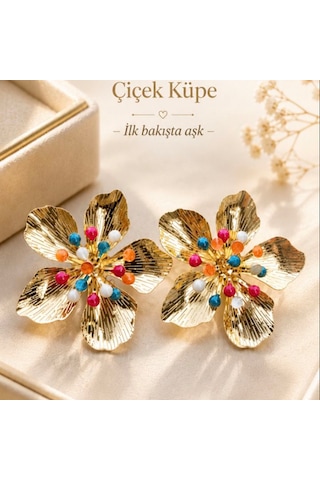 Riody Rainbow Bloom Gold Renkli Taşlı Büyük Çiçek Küpe Sarı - Gümüş - Gold