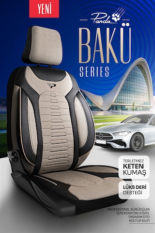 Bej - Siyah Panda Bakü Serısı Keten Kumaş Oto Koltuk Kılıfı - Tam Set