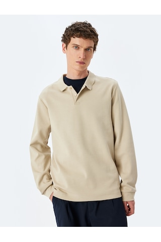 Koton Pamuklu İnterlok Kumaş Polo Yaka Sweatshirt Bej 5sam70003mk Ekru