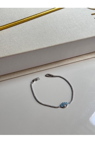 Göz Figürlü Mavi Taşlı Gümüş Renk Çelik Bileklik Nazar Detaylı Kadın Takı Gümüş