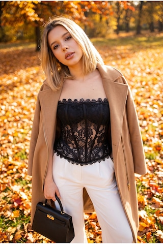 Feminen Kabarık Hacim Bel Detaylı Fermuarlı Pedli Transparan Vintage Dantel Parti Abiye Kokteyl Davet Gece Bluz Crop siyah