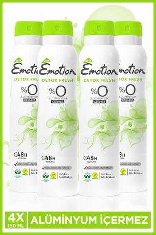 Detox Fresh Kadın Alüminyumsuz Vegan Deodorant 4x150 ML Hızlı Kurur, Leke Bırakmaz