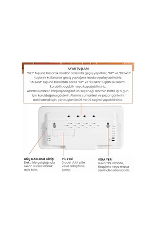 Hd Led Ekranlı Pilli Adaptörlü 2 Alarmlı Sıcaklık Tarih Göstergeli Mavi Beyaz Duvar Masa Saati Fonksiyonel Saat