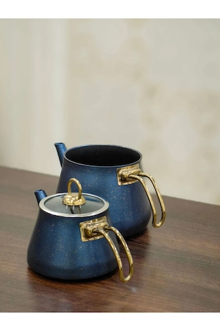 Yunusoğlu Home Granit Kaplama Gold Kulplu Cam Kapak Çaydanlık Mav