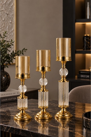 Kristal Ve Cam Detaylı Metal Şamdan Sarı