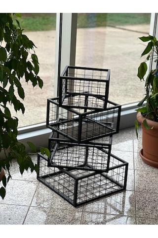 Metal Tel Kasa Sepet - 4'lü Set - Dekoratif, Taşınabilir Ürün Kasası, Sele Sepet 30-35-40-45 Cm H:20 Cm Siyah