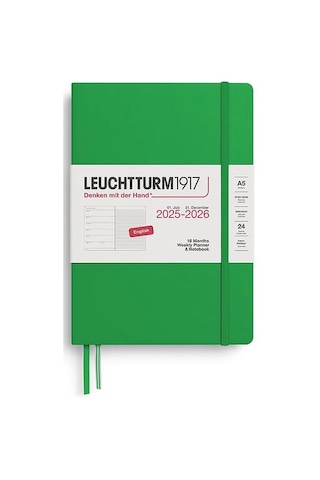 Leuchtturm1917 Orta Boy A5 18 Aylık Ajanda Ve Not Defteri Çizgili 2026 Sert Kapak, İngilizce, Spring Leaf372799 Yeşil