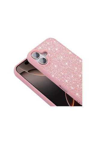 Apple Uyumlu iPhone 16 Plus Kılıf Parlak Taşlı Tasarım Kamera Yükseltili Korumalı Kapak Pırlanta Pembe