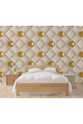 3 Boyutlu Altın Küre Beyaz Kare Desen Duvar Kağıdı Baskı 1 M²