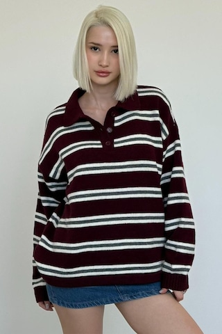 Madmext Bordo Polo Yaka Çizgili Kadın Triko Kazak Mg2469 Bordo