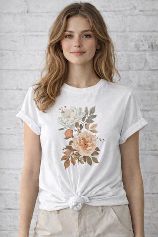 Herkesemoda Soft Çiçekler Baskı Detaylı Basic T-shirt Beyaz